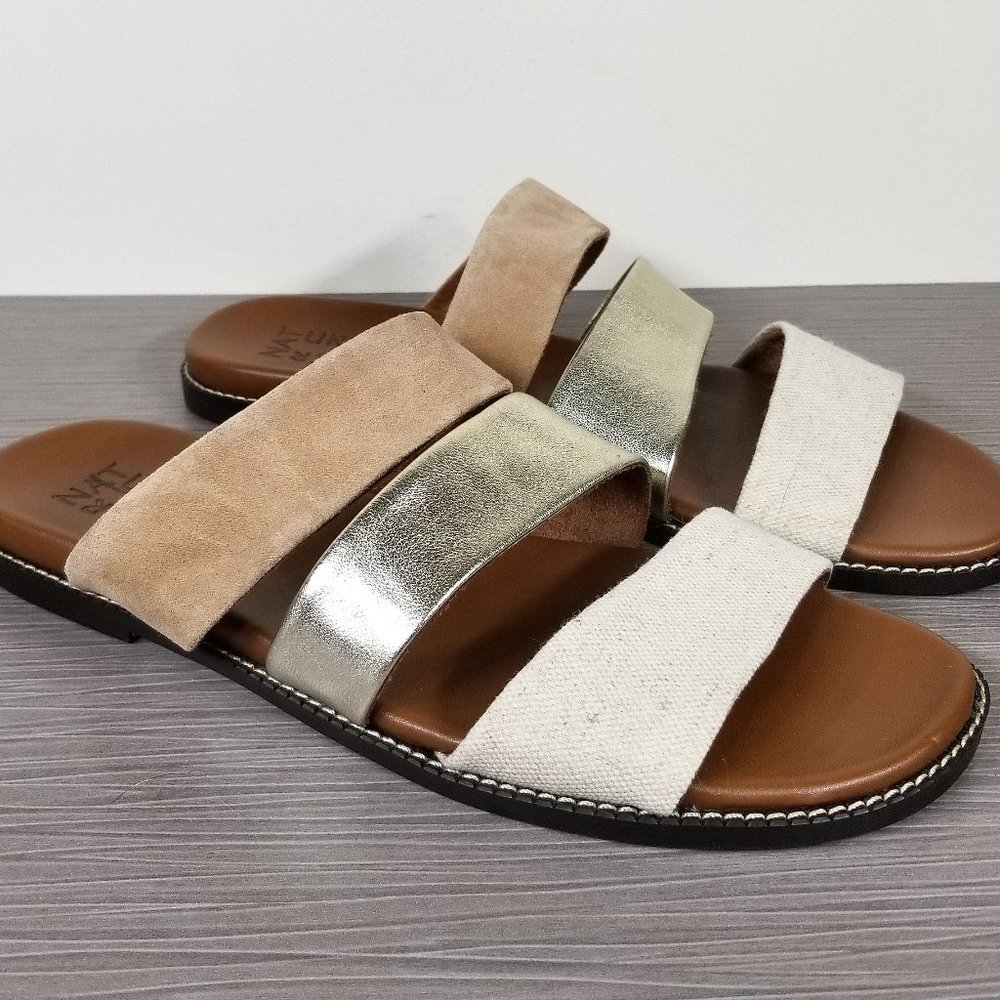 Naturalizer Three-Band Slide Sandals in Tan, Silver, and Cream